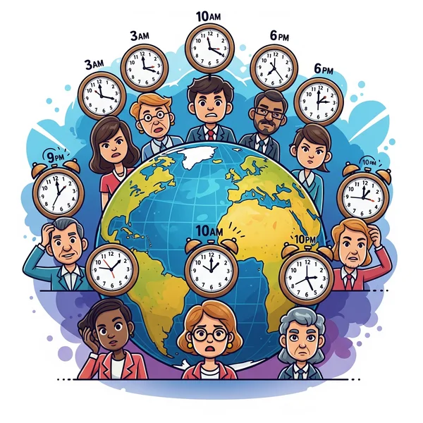 People confused by different time zones around a globe icon