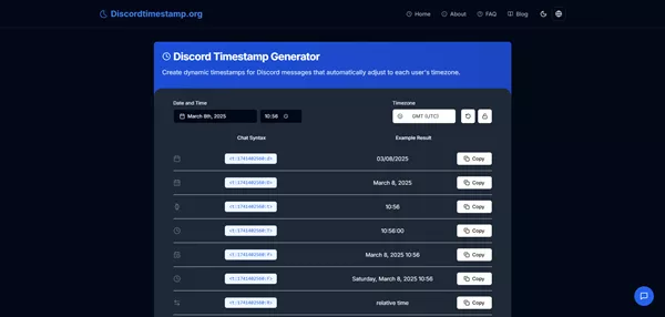 Interfaz del generador de marcas de tiempo de Discord