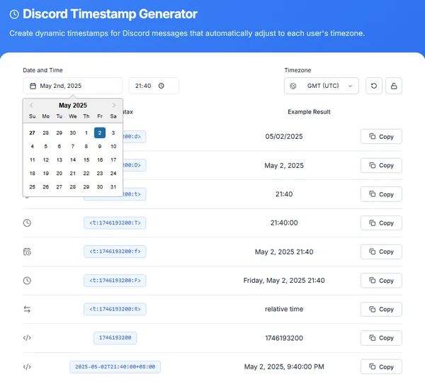 Selector de fecha del calendario en la herramienta generadora de marcas de tiempo de Discord