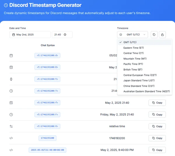 Menú desplegable de selección de formato en el generador de marcas de tiempo de Discord