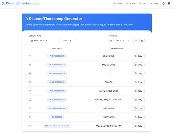 Timestamp generator showing date/relative formats for bio