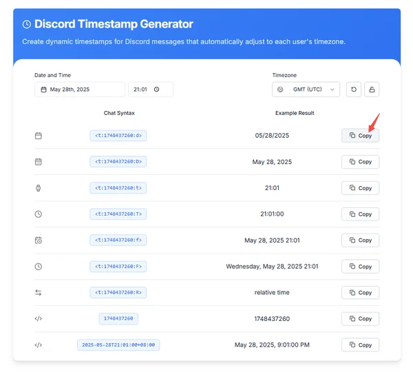 Discord 'About Me' edit section with pasted timestamp code