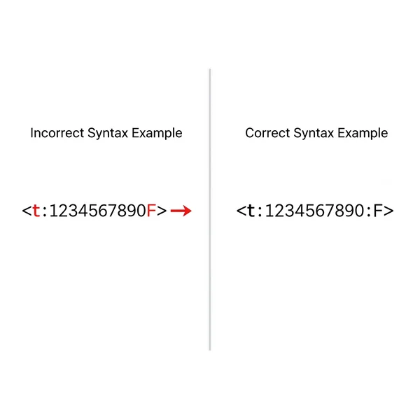 Example of correct vs incorrect Discord timestamp syntax errors