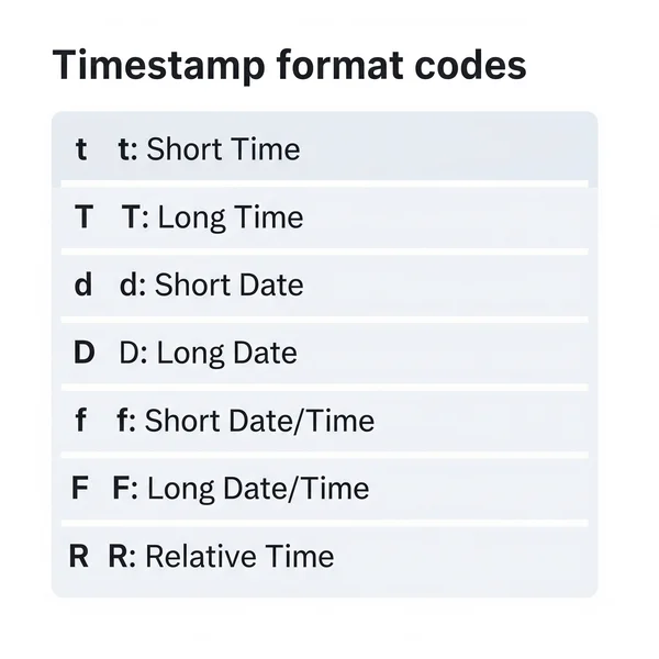 List of all valid Discord timestamp format codes (t, T, d, D, f, F, R)