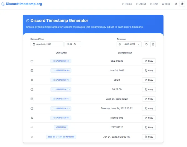 Discord 时间戳生成器网站的屏幕截图