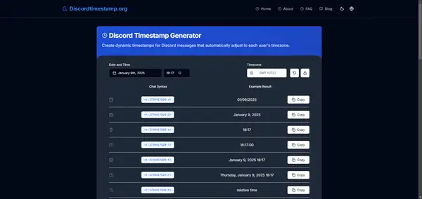 Screenshot of Discord Timestamp Generator's date and time interface.