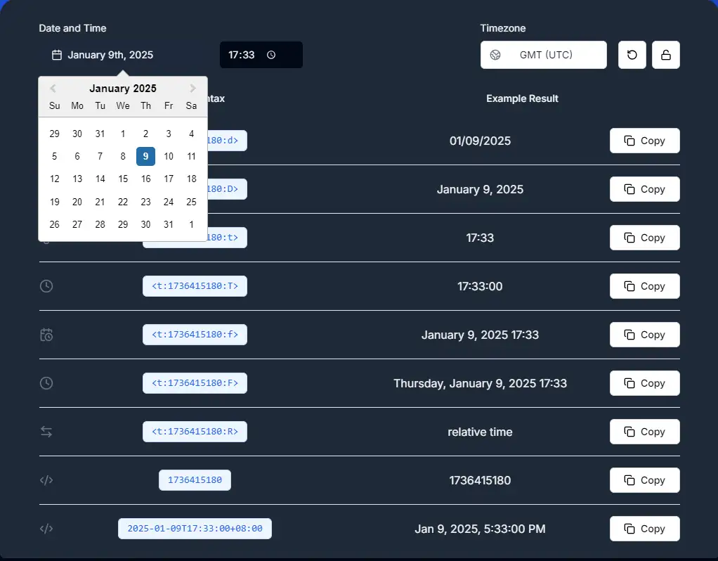 Discord Timestamp Generator for custom time settings