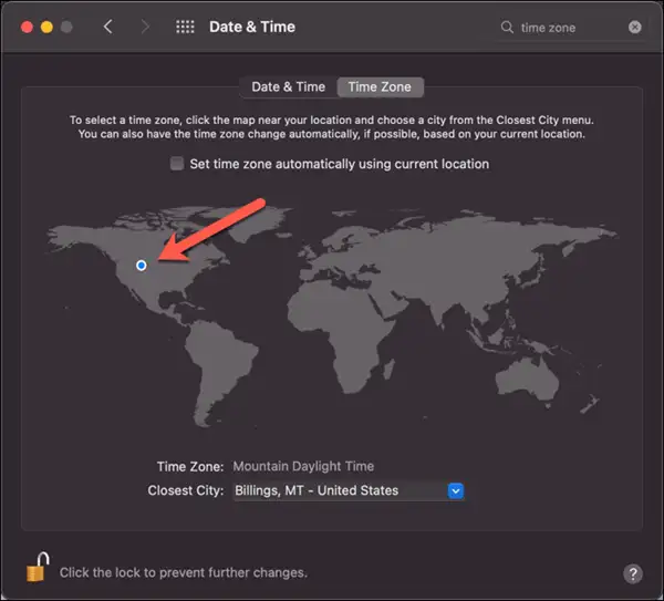 Ekran ustawień czasu Maca z podświetleniem wyboru strefy czasowej.